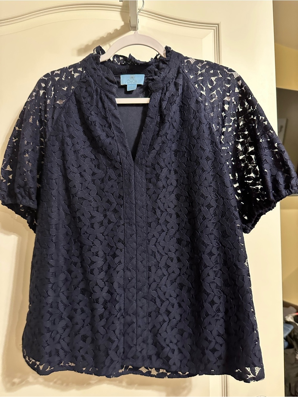 CeCe Navy Lace Short-Sleeve Blouse